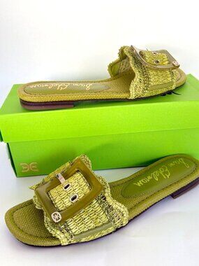 Sam Edelman Bambi Green Raffia Sandals Women Buckle Slides Size 8